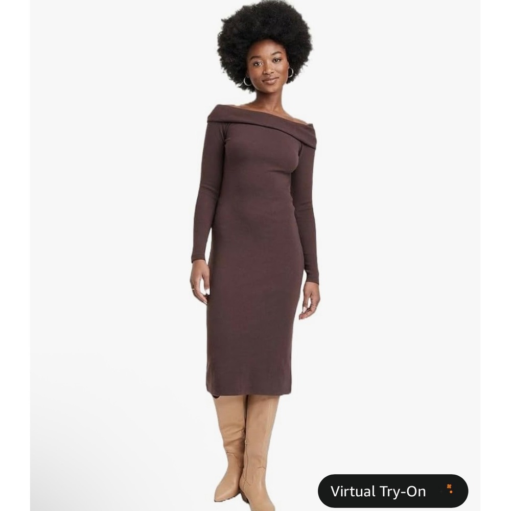 Universal Thread Off The Shoulder Midi Dress XL Brown Rib Knit Cotton Blend